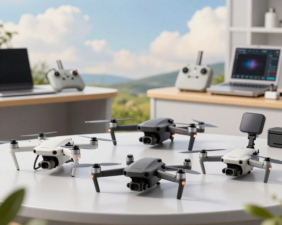 A vibrant and informative scene featuring a variety of beginner-friendly drones displayed on a clean, polished surface. In the foreground, focus on three distinct types of drones: a compact quadcopter, a durable fixed-wing drone, and a mini selfie drone, all showcasing their unique designs and features. In the middle ground, introduce a well-lit, modern workspace with tools and accessories for drone enthusiasts, such as remote controllers and spare batteries. The background features a scenic outdoor view, suggesting an ideal flying environment with blue skies and soft clouds, inviting a sense of adventure. Soft, natural lighting enhances the colors and textures of the drones, creating an engaging and welcoming atmosphere for prospective drone pilots.