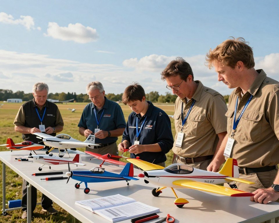 A vibrant and informative scene focused on "Safety Tips and Model Selection for Aeromodeling." In the foreground, a diverse group of beginner and advanced RC pilots, wearing professional attire, are closely inspecting different RC stunt planes on a workbench. In the middle, several detailed models of varying sizes, showcasing vibrant colors and sleek designs, are displayed prominently with tools and manuals nearby. The background features a spacious outdoor flying field under a clear blue sky, with a few clouds and distant trees. Warm, natural lighting enhances the atmosphere, creating an enthusiastic and professional mood. The camera angle captures the pilots' focused expressions and the impressive designs of the aircraft, emphasizing the excitement of the aeromodeling hobby while promoting safety awareness.