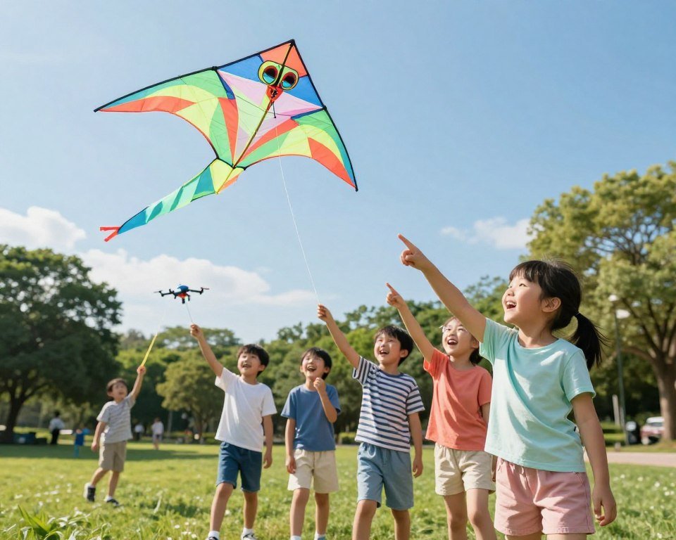 A vibrant and inviting image showcasing a flying toy, such as a colorful kite or a high-tech drone, captured in a bright outdoor setting. In the foreground, the flying toy glides effortlessly through the sky, its vibrant colors contrasting with the blue backdrop. In the middle ground, a group of children, dressed in casual, playful attire, gaze joyfully at the flying toy, pointing and laughing, with one child holding a similar toy. The background features a sunny park with green grass and trees, enhancing the cheerful atmosphere. Soft sunlight casts gentle shadows, creating a sense of warmth and excitement in the scene. The overall mood is playful and joyful, perfect for introducing the concept of flying toys for children. A vibrant and inviting image showcasing a flying toy, such as a colorful kite or a high-tech drone, captured in a bright outdoor setting. In the foreground, the flying toy glides effortlessly through the sky, its vibrant colors contrasting with the blue backdrop. In the middle ground, a group of children, dressed in casual, playful attire, gaze joyfully at the flying toy, pointing and laughing, with one child holding a similar toy. The background features a sunny park with green grass and trees, enhancing the cheerful atmosphere. Soft sunlight casts gentle shadows, creating a sense of warmth and excitement in the scene. The overall mood is playful and joyful, perfect for introducing the concept of flying toys for children.