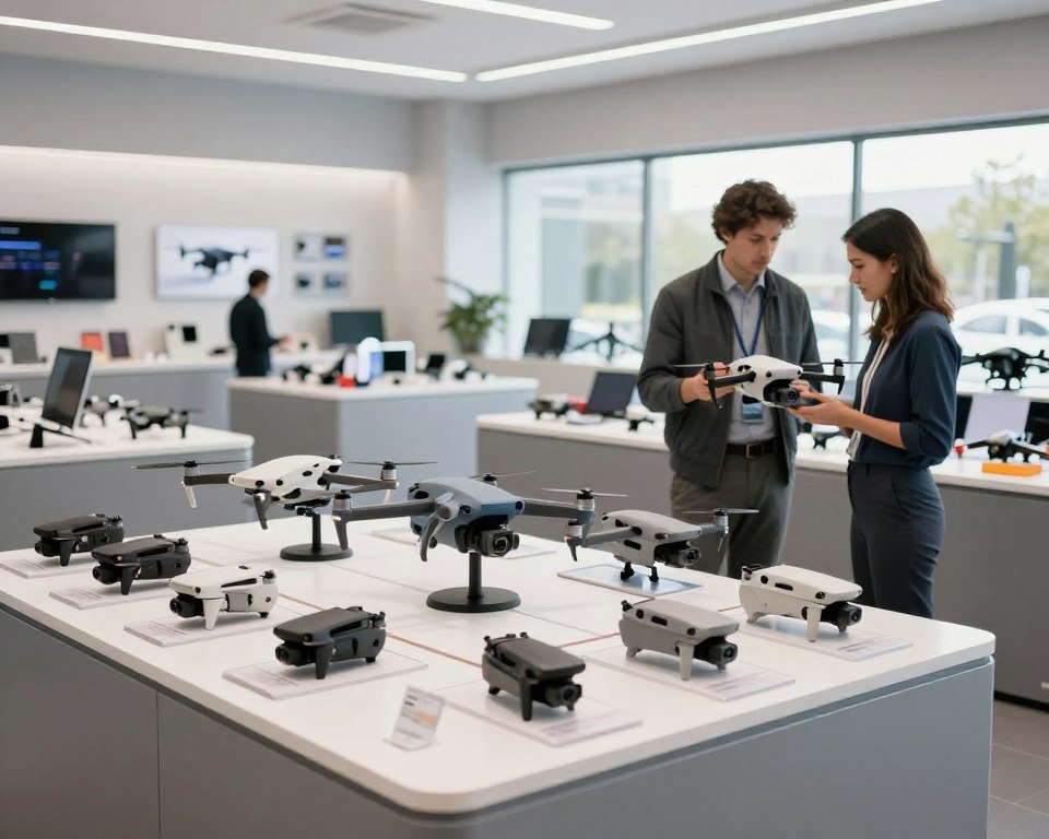 A vibrant and inviting official drone store interior showcasing a wide range of drones on sleek display stands. In the foreground, a well-organized countertop with high-tech accessories and promotional materials. The middle section features various drones, both small and large, showcasing their features and designs, attracting potential customers. The background is a clean, modern store layout with bright overhead lighting, emphasizing an atmosphere of professionalism and technology. A customer in business attire is examining a drone with a knowledgeable staff member nearby, offering assistance. Soft natural light filters in through large windows, enhancing the atmosphere of trust and quality. The image should convey a sense of excitement and assurance for buyers looking for official drone purchases, without any text or logos. A vibrant and inviting official drone store interior showcasing a wide range of drones on sleek display stands. In the foreground, a well-organized countertop with high-tech accessories and promotional materials. The middle section features various drones, both small and large, showcasing their features and designs, attracting potential customers. The background is a clean, modern store layout with bright overhead lighting, emphasizing an atmosphere of professionalism and technology. A customer in business attire is examining a drone with a knowledgeable staff member nearby, offering assistance. Soft natural light filters in through large windows, enhancing the atmosphere of trust and quality. The image should convey a sense of excitement and assurance for buyers looking for official drone purchases, without any text or logos.