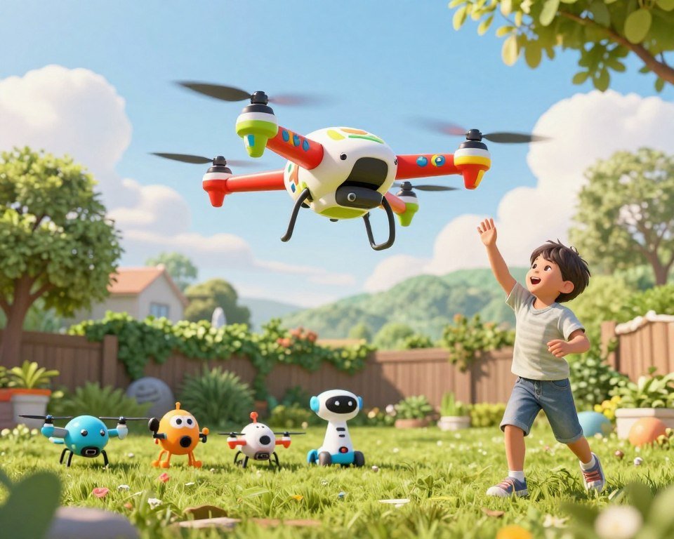 A vibrant and playful scene depicting the evolution of a children's drone. In the foreground, showcase a colorful, cartoonish drone designed for kids, with big, friendly eyes and vibrant patterns, hovering above an excited child in casual, playful clothing, reaching up with joy. In the middle ground, illustrate a series of smaller drones, showing various stages of design evolution, from simple toy models to more advanced versions, set against a lush green backyard. In the background, include a sunny sky with fluffy clouds and trees swaying gently in the breeze, casting soft, warm light across the scene. The atmosphere should be cheerful and adventurous, highlighting the joy and excitement of kids exploring the world of flying drones, framed from a low angle to emphasize the drones soaring above.