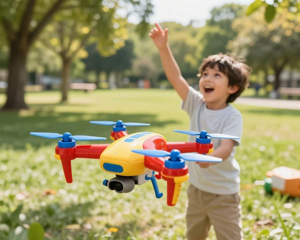 A vibrant and playful scene showcasing a colorful toy drone designed for children as a perfect gift. In the foreground, the drone is prominently displayed with bright colors like red, blue, and yellow, showcasing its propellers and sleek design. The middle ground features a cheerful child, around 8 years old, dressed in casual clothing, joyfully holding the drone while looking up with excitement. The background includes a sunny and inviting park setting, with green grass and scattered trees, enhancing a sense of outdoor fun. Soft sunlight filters through the leaves, casting playful shadows on the ground. The atmosphere is joyful and lively, capturing the essence of playfulness associated with toy drones for kids. A vibrant and playful scene showcasing a colorful toy drone designed for children as a perfect gift. In the foreground, the drone is prominently displayed with bright colors like red, blue, and yellow, showcasing its propellers and sleek design. The middle ground features a cheerful child, around 8 years old, dressed in casual clothing, joyfully holding the drone while looking up with excitement. The background includes a sunny and inviting park setting, with green grass and scattered trees, enhancing a sense of outdoor fun. Soft sunlight filters through the leaves, casting playful shadows on the ground. The atmosphere is joyful and lively, capturing the essence of playfulness associated with toy drones for kids.