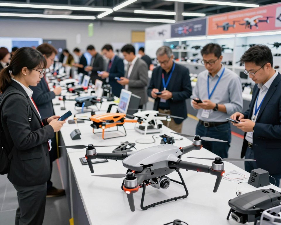 A vibrant, bustling drone marketplace showcasing multirotor drones in various sizes and colors. In the foreground, a sleek, futuristic multirotor drone showcases its automatic rotation feature, highlighting its propellers. Surrounding it, diverse professionals in business attire examine drones and discuss features. In the middle, rows of tables display drones and accessories under bright LED lights, creating a dynamic and high-tech atmosphere. The background features banners and shelves filled with drone parts, adding depth and context. Soft focus on the background to emphasize the foreground. The overall mood is energetic and innovative, capturing the excitement of drone technology and the relevance of automatic rotation in modern drones. Bright, clear lighting to accentuate details and create a lively ambiance.