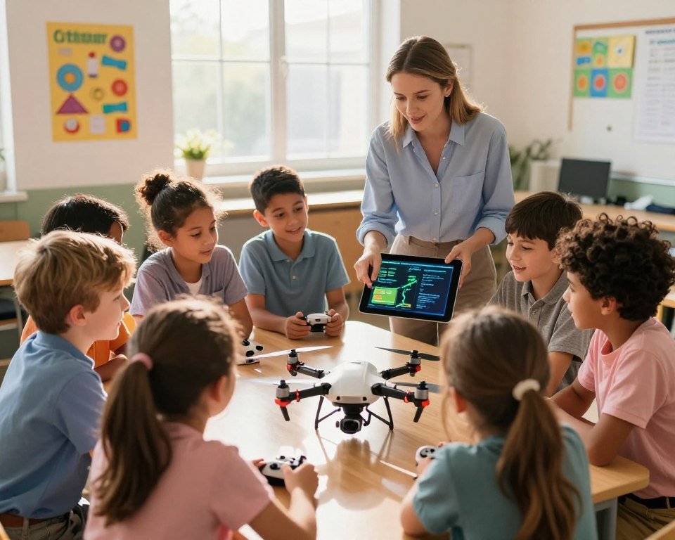 A vibrant classroom setting where children are engaged in learning about drones. In the foreground, a diverse group of children, dressed in casual yet neat clothing, gather around a drone, exploring its features and controls with excitement. In the middle ground, a teacher explains the educational benefits of drones, pointing at a tablet displaying drone flight paths and coding interfaces. The background features a large window letting in bright, warm sunlight that enhances the cheerful atmosphere, with colorful educational posters on the walls. The image conveys a mood of curiosity and joy, highlighting the blend of education and entertainment in innovative learning through technology. The composition should be shot with a slightly elevated angle, focusing on the interaction among the children and the drone, creating a sense of dynamic engagement.