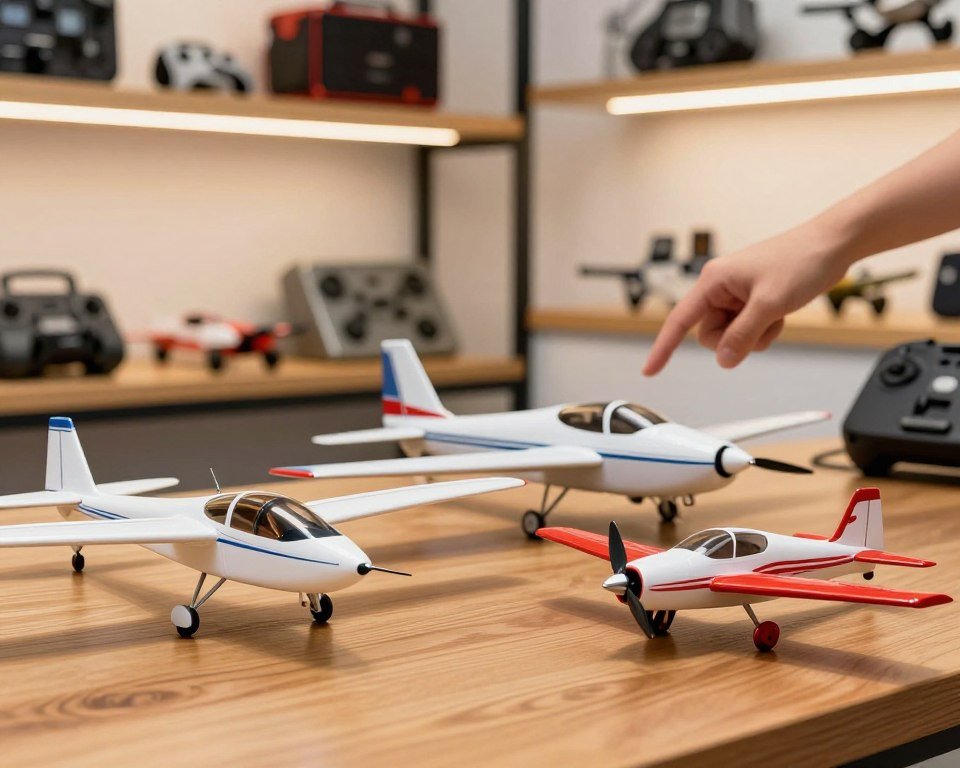 A vibrant comparison of remote control airplanes in a well-organized display. In the foreground, three RC airplanes of varying sizes and colors are showcased: a sleek glider, a sturdy trainer, and a stylish sport plane. Each model is placed on a smooth, wooden table, with detailed focus on their features such as propellers and wing designs. In the middle ground, a blurred hand of an enthusiast is pointing towards a sleek RC plane, emphasizing usability and design. The background features a softly lit indoor space with sleek shelves displaying various RC accessories and tools. The lighting is warm, creating a friendly, inviting atmosphere ideal for beginners in the hobby. The overall composition should convey a sense of excitement and accessibility.