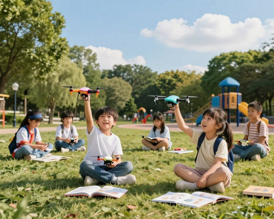 A vibrant educational scene showcasing children's engagement with drones. In the foreground, two children, a boy and a girl, are joyfully piloting colorful toy drones, surrounded by a few open books and educational materials about flight. The middle layer features a lush park setting with trees and a playground, where other children are observing and learning. In the background, a clear blue sky enhances the atmosphere of a sunny day, with a few fluffy clouds. Soft sunlight creates a warm and inviting mood, illuminating the scene. The composition should be captured with a wide-angle lens to emphasize the playful interaction and educational benefits, focusing on the children's expressions of excitement and curiosity.