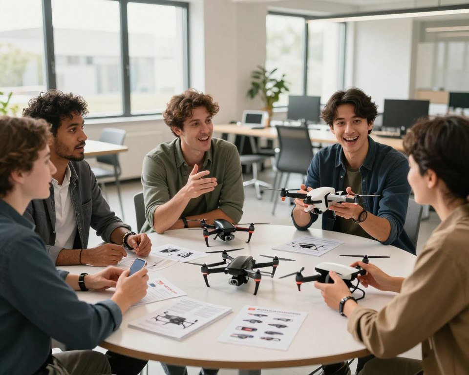 A vibrant, engaging scene depicting a roundtable discussion on quadcopters, showcasing experts and real-life users sharing their experiences. In the foreground, a diverse group of three professionals, including a tech expert in a smart blazer, an enthusiastic hobbyist in casual attire, and a parent holding a quadcopter, all animated in conversation. The middle ground reveals a high-tech table with small quadcopters, user manuals, and visual aids illustrating their features. In the background, a bright, modern office space with large windows letting in natural light, creating a warm and inviting atmosphere. The camera angle is slightly elevated to capture the interaction and detail of the setup, with soft lighting enhancing the focus on the participants and their expressions of excitement and knowledge. The overall mood is dynamic, showcasing a blend of expertise and personal experiences in the world of quadcopters. A vibrant, engaging scene depicting a roundtable discussion on quadcopters, showcasing experts and real-life users sharing their experiences. In the foreground, a diverse group of three professionals, including a tech expert in a smart blazer, an enthusiastic hobbyist in casual attire, and a parent holding a quadcopter, all animated in conversation. The middle ground reveals a high-tech table with small quadcopters, user manuals, and visual aids illustrating their features. In the background, a bright, modern office space with large windows letting in natural light, creating a warm and inviting atmosphere. The camera angle is slightly elevated to capture the interaction and detail of the setup, with soft lighting enhancing the focus on the participants and their expressions of excitement and knowledge. The overall mood is dynamic, showcasing a blend of expertise and personal experiences in the world of quadcopters.