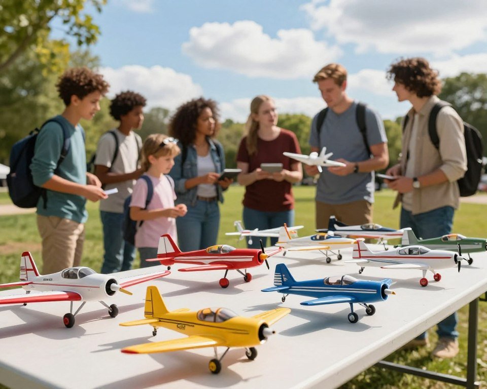 A vibrant, engaging scene depicting a variety of affordable RC airplanes displayed on a table in a sunlit park setting. In the foreground, showcase an assortment of colorful, ready-to-fly RC models, with an emphasis on beginner-friendly options. In the middle ground, include a group of diverse individuals dressed in modest casual clothing enthusiastically discussing the planes and pointing at features. The background features a clear blue sky with fluffy white clouds and trees, creating a cheerful atmosphere. The sunlight casts soft shadows, enhancing the warm and inviting mood. Use a slight tilt-shift effect to focus on the planes, creating a sense of depth and encouraging the viewer to consider which RC airplane to purchase.