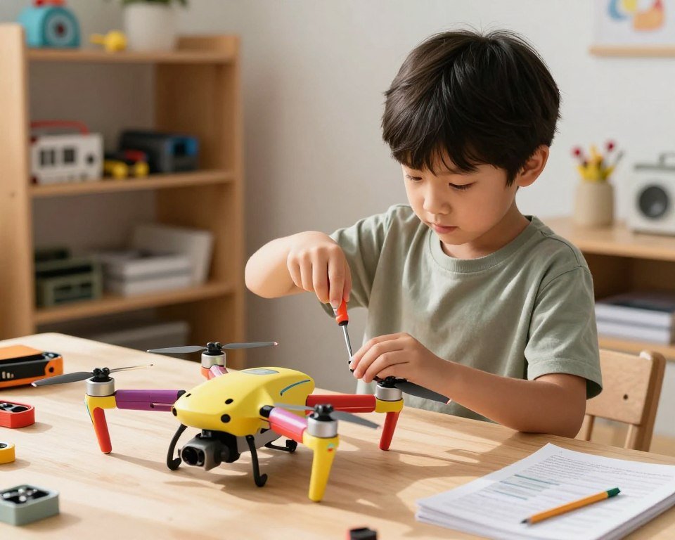 A vibrant indoor scene focusing on a child-friendly drone surrounded by tools and maintenance equipment. In the foreground, a colorful, small drone with a cheerful design sits on a workbench, its propellers gleaming under soft sunlight. In the middle, a young child, dressed in modest casual clothing, is using a screwdriver to adjust the drone, showing curiosity and eagerness to learn. The background features shelves filled with spare parts and manuals, along with a few playful decorations, creating a warm, engaging atmosphere. The lighting is bright and inviting, highlighting the interaction between the child and the drone, conveying a sense of fun and hands-on learning.