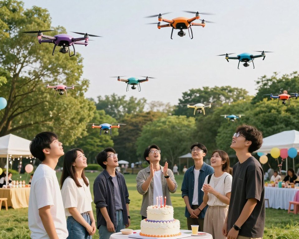 A vibrant outdoor event scene featuring various drones flying in a festive atmosphere. In the foreground, a group of friends in modest casual clothing gathers around a large birthday cake, with joyful expressions as they look up at the sky. The middle ground showcases colorful drones of different sizes and designs gracefully hovering, capturing the excitement of the celebration. In the background, a lush green park setting with trees, balloons, and tables adorned with decorations creates a cheerful mood. The lighting is bright and cheerful, simulating a sunny afternoon. The scene is captured from a low angle to emphasize the interaction between the drones and the guests, evoking a sense of wonder and excitement about technology at events. A vibrant outdoor event scene featuring various drones flying in a festive atmosphere. In the foreground, a group of friends in modest casual clothing gathers around a large birthday cake, with joyful expressions as they look up at the sky. The middle ground showcases colorful drones of different sizes and designs gracefully hovering, capturing the excitement of the celebration. In the background, a lush green park setting with trees, balloons, and tables adorned with decorations creates a cheerful mood. The lighting is bright and cheerful, simulating a sunny afternoon. The scene is captured from a low angle to emphasize the interaction between the drones and the guests, evoking a sense of wonder and excitement about technology at events.