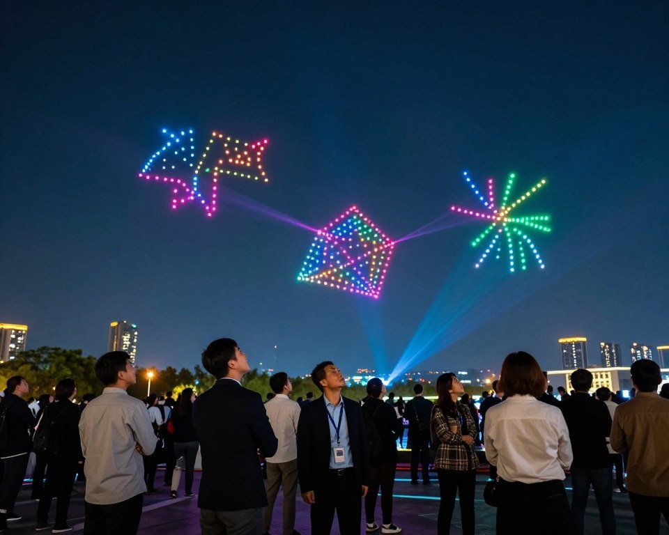 A vibrant outdoor night scene showcasing a spectacular drone light show. In the foreground, a group of people of diverse backgrounds, dressed in professional casual attire, gaze upwards in awe at the sky. The middle ground features clusters of drones emitting colorful, luminous patterns, creating intricate shapes and vivid imagery against the deep blue night sky. In the background, silhouettes of city buildings glow softly, adding to the urban atmosphere. The lighting is dynamic, with beams of colored light enhancing the excitement of the spectacle. The scene conveys a sense of wonder and innovation, capturing the advantages and potential drawbacks of drone light shows in modern entertainment.