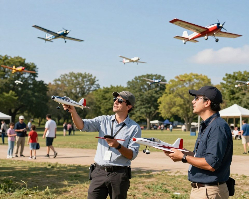A vibrant outdoor scene featuring several expert hobbyists testing remote-controlled airplanes in a park setting. In the foreground, focus on two professionals in smart casual clothing, discussing their flying techniques while holding model airplanes. Their expressions convey enthusiasm and expertise. In the middle ground, showcase various RC airplanes soaring through the sky, each distinctly designed—their colors contrasting brightly against the blue sky. In the background, a green park filled with trees and families enjoying the day adds a sense of community and energy. The sunlight illuminates the scene, creating dynamic shadows on the ground, while a soft focus on the background enhances depth. The overall mood should be joyful and engaging, capturing the excitement of outdoor RC flying.
