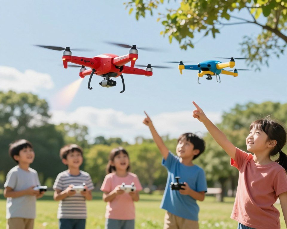 A vibrant outdoor scene showcases a variety of economical recreational drones designed for children. In the foreground, two colorful drones fly enthusiastically, one featuring a bright red body and the other in playful blue and yellow. Captured mid-flight, they emit trails of light, suggesting speed and excitement. In the middle ground, children, dressed in casual clothing, gaze up in awe; one child is holding a remote control, while another points excitedly at the drones above. The background features a sunny park with green grass and trees, under a clear blue sky, creating a cheerful and lively atmosphere. Soft sunlight filters through the leaves, casting gentle shadows, while low-angle perspective emphasizes the drones soaring high above. This image encapsulates the joy and affordability of recreational drones suited for young pilots. A vibrant outdoor scene showcases a variety of economical recreational drones designed for children. In the foreground, two colorful drones fly enthusiastically, one featuring a bright red body and the other in playful blue and yellow. Captured mid-flight, they emit trails of light, suggesting speed and excitement. In the middle ground, children, dressed in casual clothing, gaze up in awe; one child is holding a remote control, while another points excitedly at the drones above. The background features a sunny park with green grass and trees, under a clear blue sky, creating a cheerful and lively atmosphere. Soft sunlight filters through the leaves, casting gentle shadows, while low-angle perspective emphasizes the drones soaring high above. This image encapsulates the joy and affordability of recreational drones suited for young pilots.