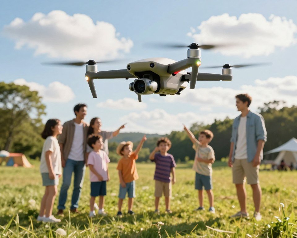 A vibrant outdoor scene showcasing a colorful, playful drone equipped with high-tech sensors. In the foreground, the drone hovers above a grassy field, its sleek design featuring a variety of sensors gleaming in the sunlight, emphasizing features like a wide-angle camera, obstacle detection sensors, and a bright LED light. In the middle ground, a group of families and children are engaging in outdoor activities, smiling and pointing at the drone, wearing casual, comfortable clothing. The background features a clear blue sky dotted with fluffy white clouds, framed by trees and a distant hill, creating a joyful, adventurous atmosphere. The lighting is warm and inviting, perfect for a sunny day, highlighting the fun of outdoor drone flying while focusing on the drone's innovative characteristics.