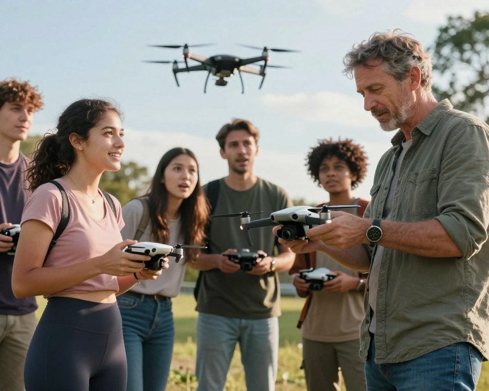A vibrant outdoor scene showcasing a diverse group of individuals enthusiastically discussing and reviewing their experiences with drones. In the foreground, a middle-aged man in a casual shirt and jeans holds a drone, demonstrating its features to a young woman dressed in a sporty outfit. In the middle ground, a couple observes a flying drone, captivated by its performance, their expressions reflecting excitement and curiosity. The background features a bright blue sky and trees, creating a warm, inviting atmosphere. Soft, natural lighting highlights the faces of the users, emphasizing their engagement. The angle captures the dynamic interaction among the users, conveying a sense of community and shared enthusiasm for outdoor drone activities.