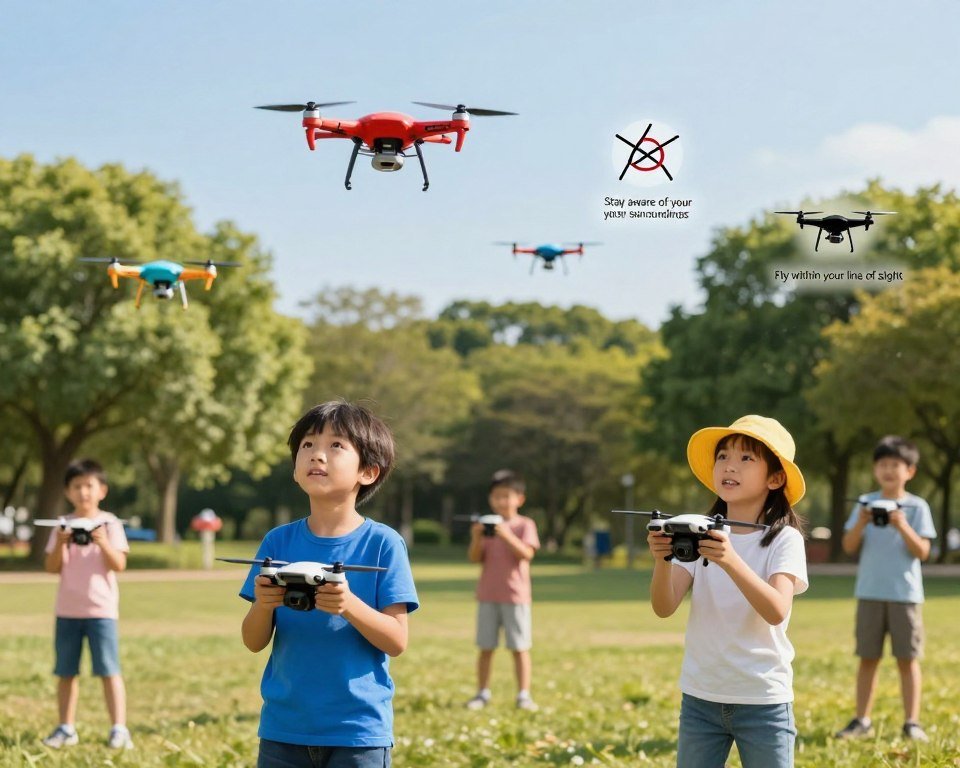 A vibrant outdoor scene showcasing a group of children flying drones in a sunny park. In the foreground, two children, one wearing a bright blue shirt and the other in a yellow hat, are joyfully controlling their compact drones, focusing on safety while having fun. The middle ground features several colorful drones soaring through the sky, with a set of illustrated safety tips about drone flying symbolically floating around them, such as “Stay aware of your surroundings” and “Fly within your line of sight.” The background is filled with lush green trees and a clear blue sky, emphasizing a safe and friendly environment. The lighting is warm and bright, creating a cheerful atmosphere, captured with a slight wide-angle lens to include the extent of the vibrant scene.