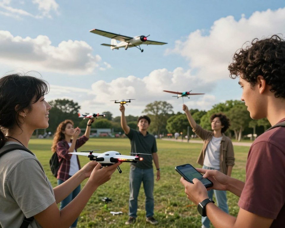A vibrant outdoor scene showcasing a group of diverse individuals sharing their experiences with a high-tech remote-controlled airplane featuring captivating LED lights. In the foreground, two people are enthusiastically discussing their flight observations, one holding the airplane, while another examines a flight app on a smartphone. In the middle ground, more enthusiasts, including a child and an adult, are joyfully flying their own models, engaged in friendly competition. The background features a clear blue sky with fluffy clouds and a lush green park, adding a lively atmosphere. Soft daylight bathes the scene in a warm glow, enhancing the colors of the airplanes and the excitement on the users' faces. The angle captures the dynamic interaction among the users, evoking a sense of adventure and community.