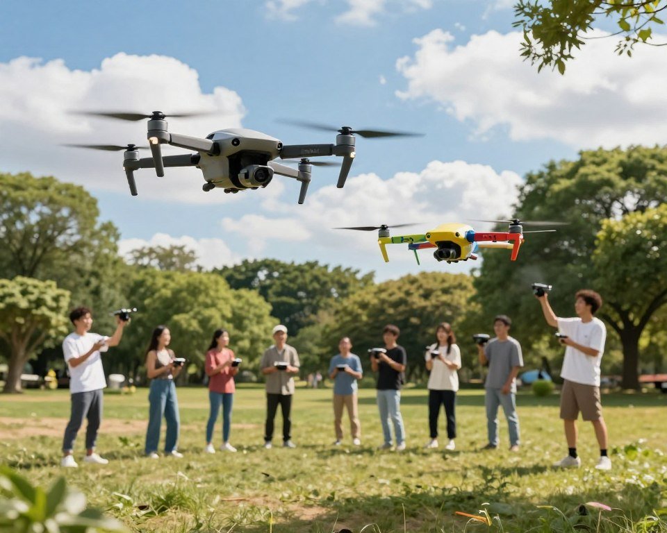 A vibrant outdoor scene showcasing the latest recreational drones in a picturesque park setting. In the foreground, two distinct drone models, one sleek and futuristic, the other colorful and playful, hover mid-air with spinning rotors, capturing the essence of technological innovation. In the middle ground, a group of diverse individuals, dressed in casual outdoor attire, enthusiastically piloting the drones, demonstrating their capabilities. The background features lush greenery and a clear blue sky dotted with fluffy white clouds, creating a cheerful and adventurous atmosphere. Soft sunlight filters through the trees, casting gentle shadows on the ground, enhancing the lively scene. The perspective is slightly upward, focusing on the drones while capturing the engaging activities of the participants.