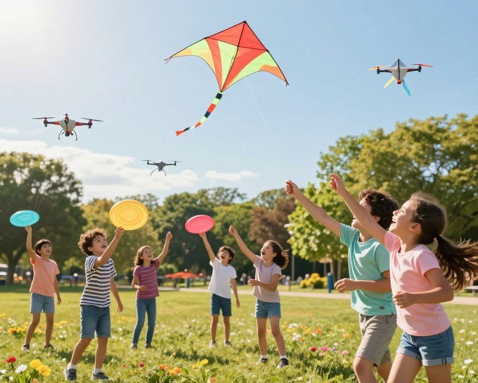 A vibrant playground scene showcasing children joyfully playing with various flying toys, such as colorful kites, drones, and frisbees. In the foreground, two children, a boy and a girl, are laughing and reaching out for a bright red kite soaring high against a clear blue sky. In the middle, several kids are joyfully engaged in flying drones and tossing frisbees, demonstrating excitement and teamwork. The background features a sunny park filled with green trees and flowers, enhancing the cheerful atmosphere. The lighting is bright and warm, suggesting a perfect day for outdoor play, with a shallow depth of field to focus on the children and their toys. A vibrant playground scene showcasing children joyfully playing with various flying toys, such as colorful kites, drones, and frisbees. In the foreground, two children, a boy and a girl, are laughing and reaching out for a bright red kite soaring high against a clear blue sky. In the middle, several kids are joyfully engaged in flying drones and tossing frisbees, demonstrating excitement and teamwork. The background features a sunny park filled with green trees and flowers, enhancing the cheerful atmosphere. The lighting is bright and warm, suggesting a perfect day for outdoor play, with a shallow depth of field to focus on the children and their toys.