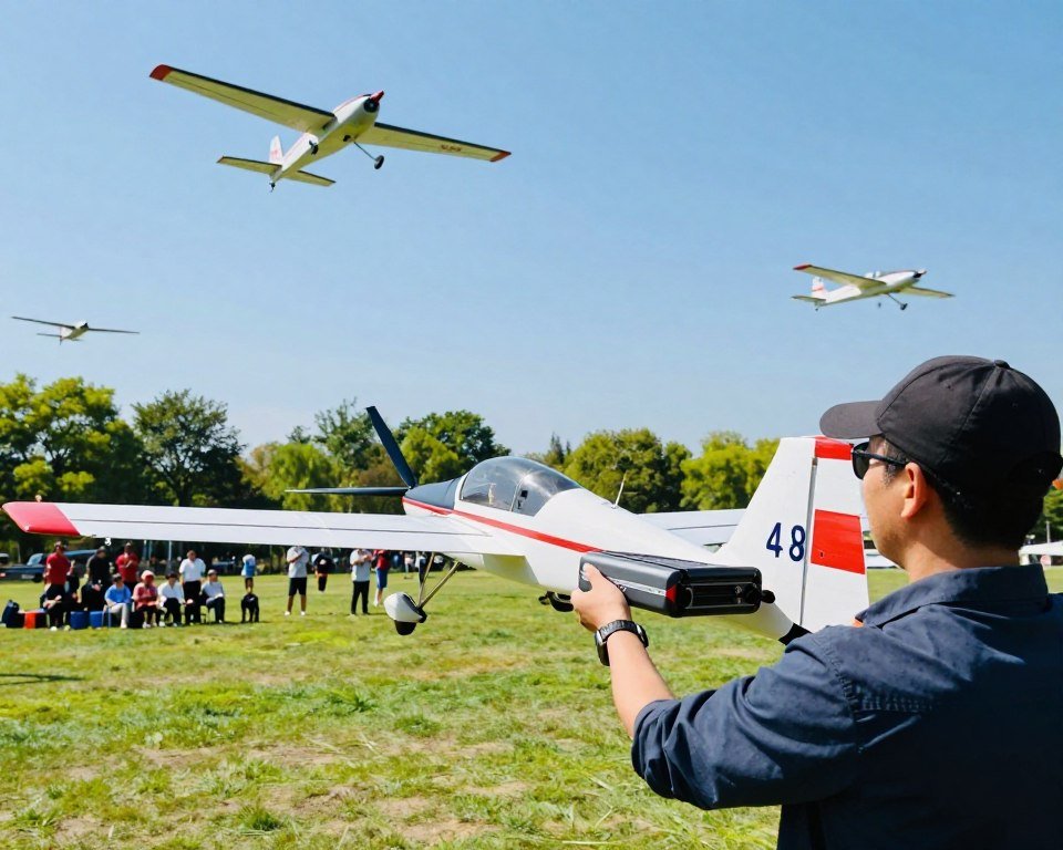 A vibrant scene capturing the joy of flying RC airplanes in a sunny park. In the foreground, an adult enthusiast, dressed in casual yet professional attire, skillfully operates a sleek, modern RC airplane with a rechargeable battery, showcasing its robust design and aerodynamic features. In the middle ground, several RC planes are elegantly soaring through the sky, demonstrating their agility and speed. The background features a lush green landscape with trees and spectators enjoying the activity, conveying a sense of community and excitement. The lighting is bright and natural, with a clear blue sky creating a lively atmosphere. The image captures the thrill and benefits of flying RC airplanes, emphasizing enjoyment, technology, and outdoor camaraderie. A vibrant scene capturing the joy of flying RC airplanes in a sunny park. In the foreground, an adult enthusiast, dressed in casual yet professional attire, skillfully operates a sleek, modern RC airplane with a rechargeable battery, showcasing its robust design and aerodynamic features. In the middle ground, several RC planes are elegantly soaring through the sky, demonstrating their agility and speed. The background features a lush green landscape with trees and spectators enjoying the activity, conveying a sense of community and excitement. The lighting is bright and natural, with a clear blue sky creating a lively atmosphere. The image captures the thrill and benefits of flying RC airplanes, emphasizing enjoyment, technology, and outdoor camaraderie.