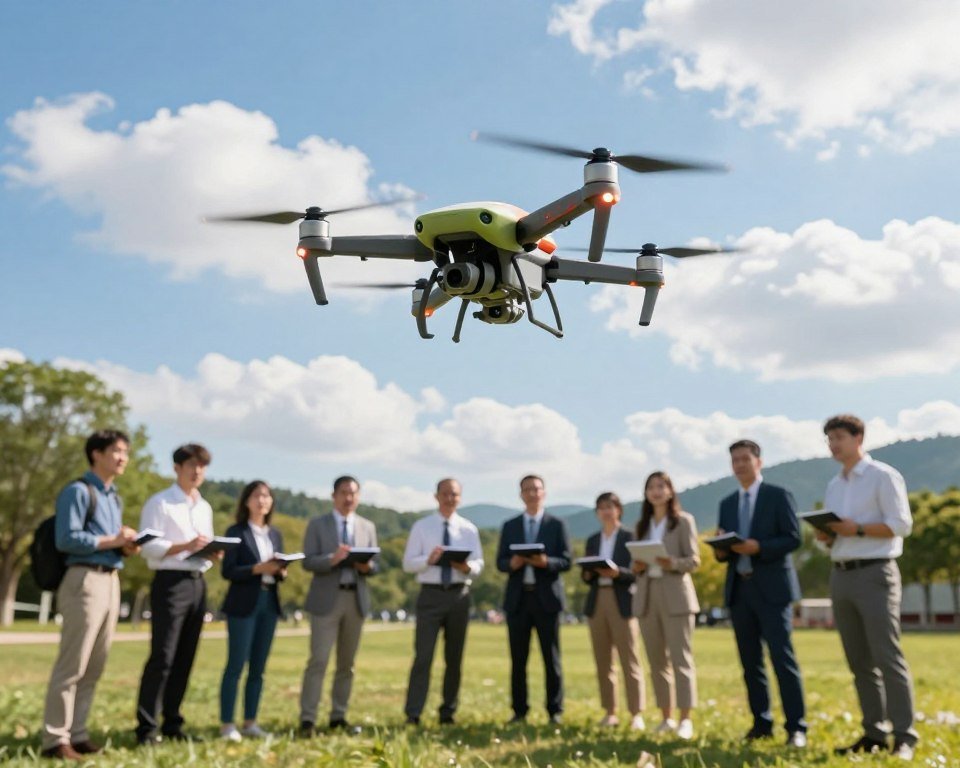 A vibrant scene depicting beginner drones in an open outdoor environment that emphasizes safety and regulatory compliance. In the foreground, a compact, colorful drone is in mid-flight, showcasing its sleek design and propellers in motion. In the middle ground, a diverse group of individuals in professional business attire are observing and taking notes, engaged in a learning session about drone flying. The background features a clear blue sky with soft, fluffy clouds and a peaceful park setting with trees and a few distant hills, creating an atmosphere of serenity and exploration. The lighting is bright and cheerful, capturing the essence of a sunny day, while a slight lens flare adds a touch of excitement. The overall mood is educational and inspiring, encouraging newcomers to safely embrace the world of drones.