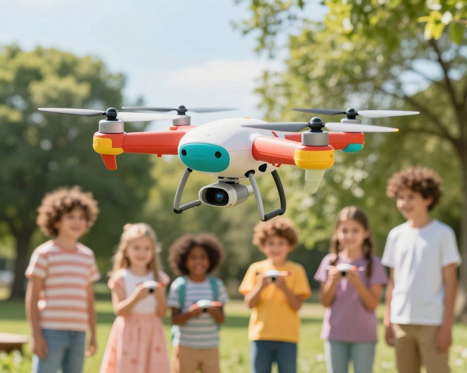 A vibrant scene featuring a colorful, child-friendly flying drone designed for kids. The drone should be hovering playfully in the foreground, showcasing its bright colors, rounded edges, and safety features. In the middle ground, a diverse group of smiling children, dressed in casual playful attire, are engaging with the drone, demonstrating its ease of use and fun capabilities. The background reveals a sunny park setting with lush green trees and soft blue skies, emphasizing a joyful atmosphere of adventure and discovery. The lighting is bright and cheerful, casting soft shadows, and the angle captures an upward view of the drone, enhancing its presence in the scene. Overall, the image conveys a sense of excitement and imagination suited for young explorers.