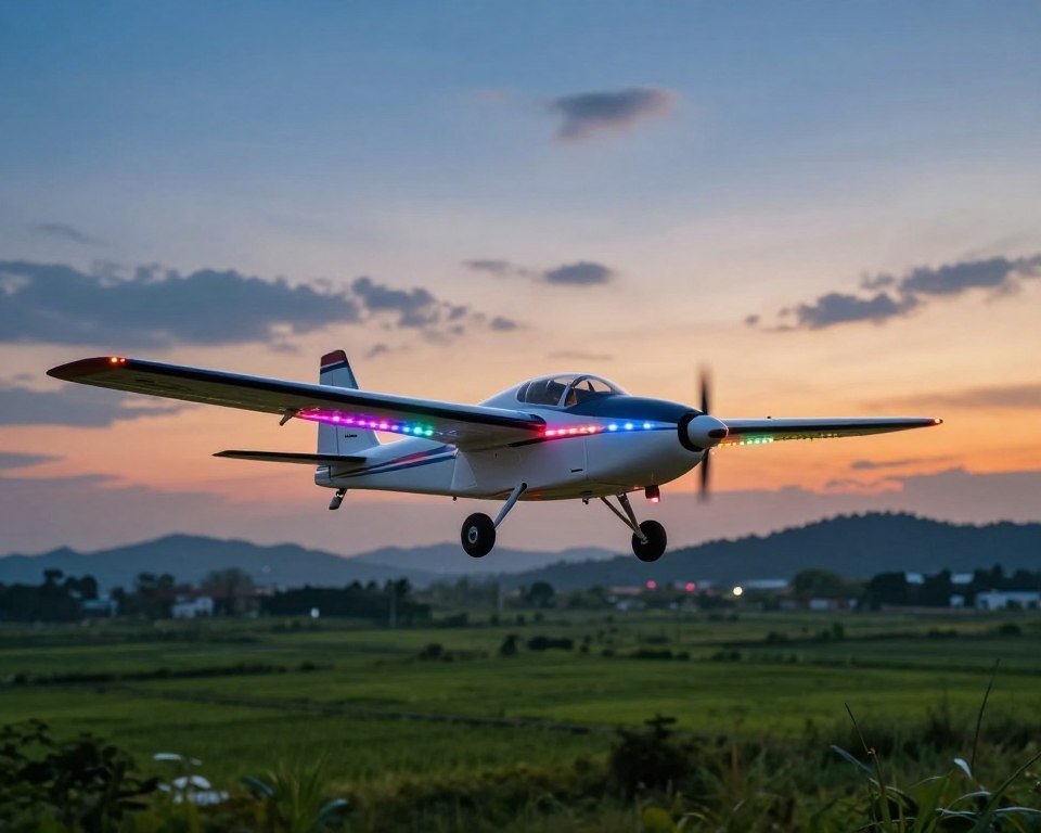 A vibrant scene featuring a high-quality remote-controlled (RC) airplane equipped with colorful LED lights, showcasing its impressive aerodynamic design and sleek body. The airplane is positioned in the foreground, soaring gracefully through a twilight sky filled with soft clouds. In the middle ground, a serene landscape with lush green fields and distant hills adds depth to the composition. The background reveals a dusk sky transitioning from orange to deep blue, illuminated by the glowing lights of the airplane. Capture a dynamic angle that enhances the sense of movement, while soft ambient lighting highlights the airplane's details. The mood is exciting and adventurous, appealing to hobbyists and newcomers alike. The image reflects the essential buying guide for an RC airplane with lights.