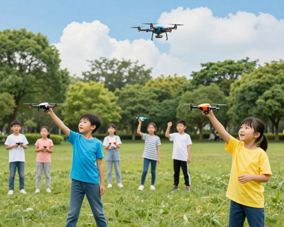 A vibrant scene in a sunlit park where a group of children, aged 6-10, joyfully fly colorful toy drones. In the foreground, two kids, one wearing a bright blue T-shirt and the other in a cheerful yellow shirt, are actively maneuvering their small quadcopters, their expressions filled with excitement. In the middle ground, other children are watching intently as a drone hovers, while one child prepares to launch theirs. The background features lush green trees, a clear blue sky, and fluffy white clouds, creating a playful, light-hearted atmosphere. The image is captured with a wide-angle lens to encompass the lively activity, and the soft natural lighting enhances the cheerful ambiance of the scene. A vibrant scene in a sunlit park where a group of children, aged 6-10, joyfully fly colorful toy drones. In the foreground, two kids, one wearing a bright blue T-shirt and the other in a cheerful yellow shirt, are actively maneuvering their small quadcopters, their expressions filled with excitement. In the middle ground, other children are watching intently as a drone hovers, while one child prepares to launch theirs. The background features lush green trees, a clear blue sky, and fluffy white clouds, creating a playful, light-hearted atmosphere. The image is captured with a wide-angle lens to encompass the lively activity, and the soft natural lighting enhances the cheerful ambiance of the scene.