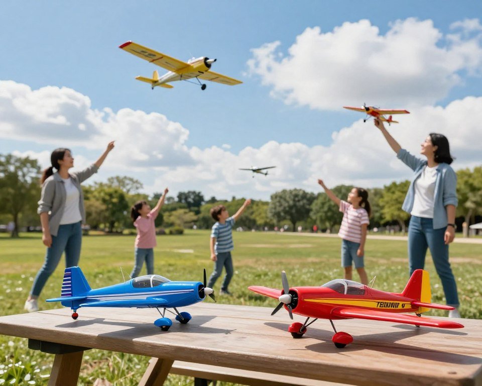 A vibrant scene showcasing a variety of affordable remote control (RC) airplanes in a sunny outdoor park setting. In the foreground, two different models of budget-friendly RC airplanes are displayed on a picnic table, one with a bright blue color scheme and the other in a striking red and yellow design. In the middle ground, a diverse group of hobbyists—two adults in casual clothing and a child—are enthusiastically flying their RC planes, demonstrating the joy and accessibility of this hobby. The background features a clear blue sky with fluffy white clouds, while a distant group of trees adds depth to the composition. The lighting is bright and cheerful, capturing the excitement of outdoor play. The overall mood is lively and inviting, perfect for illustrating the benefits of choosing an economical RC airplane.