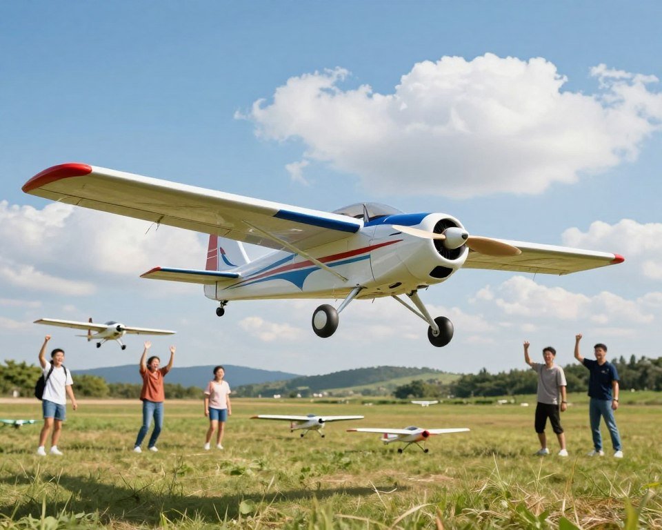 A vibrant scene showcasing an affordable remote-controlled airplane in flight, soaring through a clear blue sky filled with fluffy white clouds. In the foreground, the sleek design of the RC airplane is clearly visible, showcasing its colorful paint job and intricate details like the propeller and landing gear. The middle ground features an open grassy field where a few enthusiastic individuals can be seen flying their own RC planes, dressed in modest casual clothing and smiling with excitement. In the background, gentle rolling hills and a distant tree line create a sense of depth. The lighting is bright and cheerful, suggesting a sunny day perfect for outdoor activities. The image conveys a sense of adventure and fun, inviting viewers to explore the world of affordable RC aircraft.