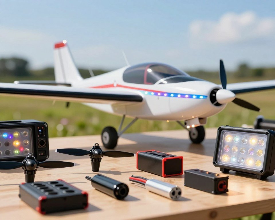 A vibrant scene showcasing an assortment of accessories for an RC airplane illuminated by bright LED lights, emphasizing the excitement of aerial adventures. In the foreground, display a detailed close-up of a variety of components: various sizes of propellers, battery packs, and a LED lighting kit, all neatly arranged on a workbench. The middle ground features a sleek, modern RC plane partially assembled, highlighting its aerodynamic design, with colorful LED lights glowing softly. The background includes a blurred outdoor setting, such as a grassy field with a clear blue sky, evoking a mood of exploration and fun. The lighting should be bright and warm, capturing a cheerful atmosphere, with a shallow depth of field for a professional photographic look.