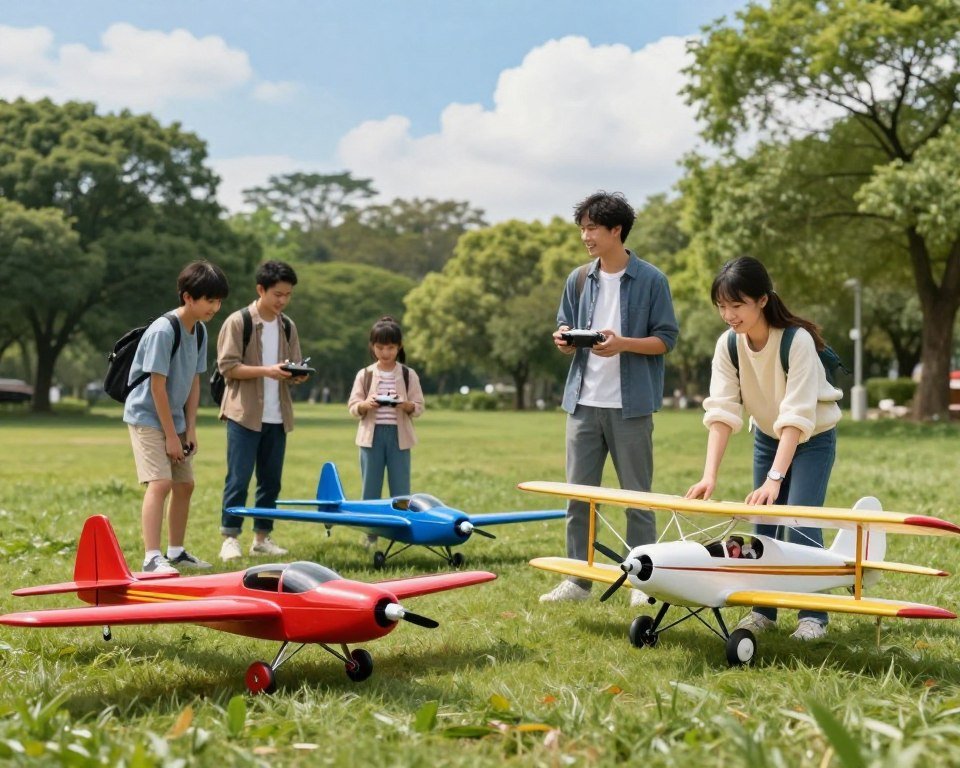 A vibrant scene showcasing beginner-friendly RC airplane models in a lush green park setting. In the foreground, display three colorful RC airplanes: a bright red glider, a sleek blue trainer, and a classic white and yellow biplane, each with distinct features like LED lights for visibility. In the middle ground, a diverse group of individuals—two men and one woman, all dressed in casual, modest clothing—are assembling their planes, with one person holding a remote control and smiling at another. The background features clear blue skies with fluffy white clouds and tall trees, creating a cheerful atmosphere. Soft, natural lighting illuminates the scene, enhancing the colors of the airplanes and the enthusiasm on the people's faces, evoking a sense of joy and learning.