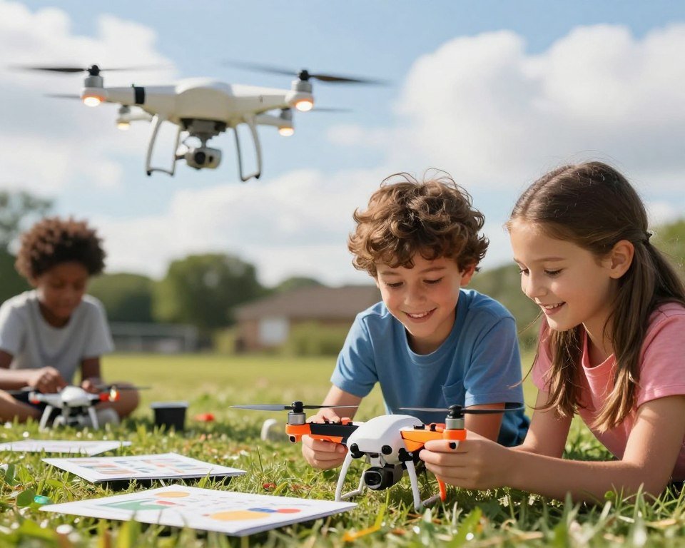 A vibrant scene showcasing children engaged in learning about drones. In the foreground, two diverse kids, a boy and a girl, are carefully assembling a colorful toy drone while smiling and looking focused. The middle ground features a small, grassy outdoor area with scattered educational materials and a hovering drone, its bright lights illuminating the scene. In the background, a sunny sky with fluffy clouds creates a cheerful atmosphere. Soft, natural lighting enhances the sense of curiosity and excitement, with a shallow depth of field to keep the focus on the children. The overall mood is playful and inspiring, capturing the joy of learning in a safe, engaging environment.