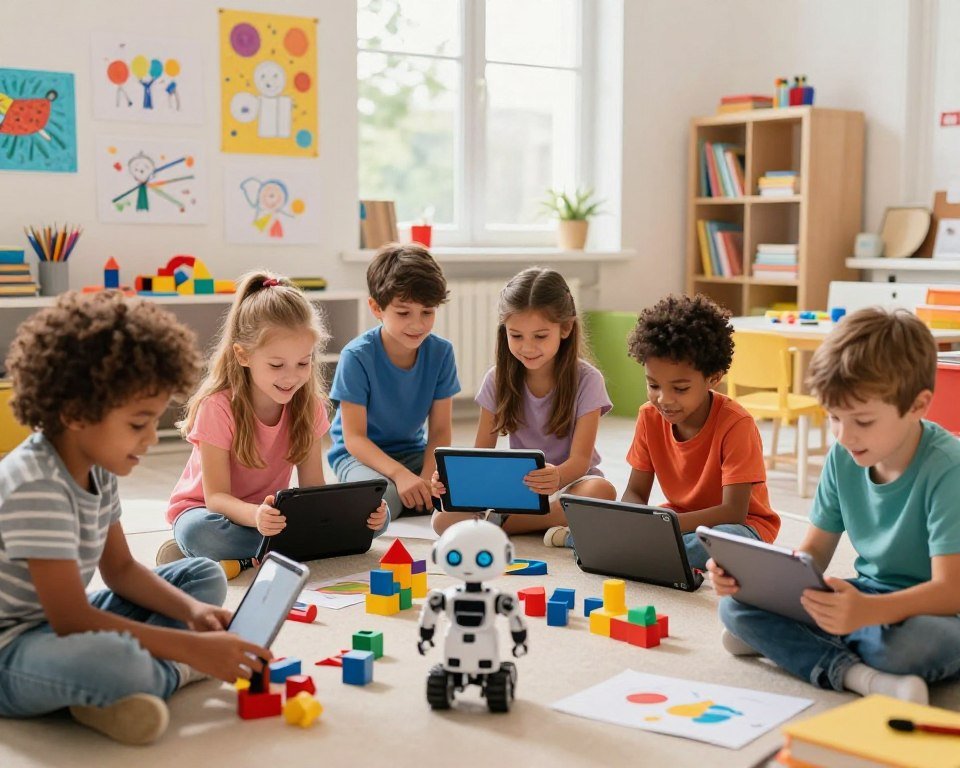 A vibrant scene showcasing the positive impact of technology on children's creativity and development. In the foreground, a group of diverse children aged 6 to 10 years, engaged with interactive tech toys like tablets, educational robots, and building blocks. Their faces exhibit joy and concentration, dressed in colorful casual clothing. In the middle ground, a bright classroom environment filled with creative chaos—drawings on walls, scattered toys, and educational posters. Soft natural light filters through large windows, creating a warm, inviting atmosphere. The background features shelves overflowing with books and art supplies, symbolizing a fusion of learning and play. The overall mood is uplifting and inspirational, reflecting a future where technology enhances imagination and learning.