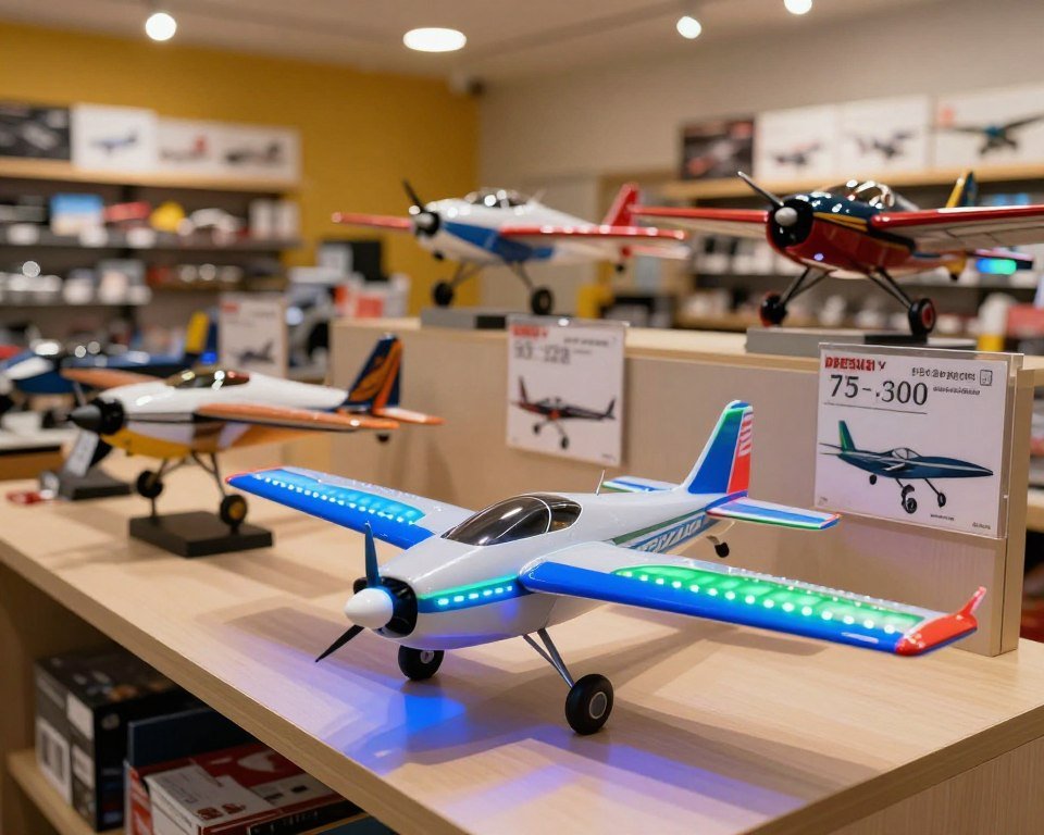 A vibrant scene showcasing various models of remote-controlled airplanes equipped with colorful LED lights, displayed enticingly to highlight their features and prices. In the foreground, a sleek, modern RC airplane with bright blue and green lights is prominently featured, its wings slightly spread. The middle ground includes several other models in an organized display, with labels indicating their prices. The background features a soft-focus shop interior, with shelves filled with RC accessories and a warm, inviting glow from overhead lights. The atmosphere is lively, evoking excitement and curiosity in potential buyers, captured with a slightly elevated angle to provide depth and detail, enhancing the overall visual appeal.