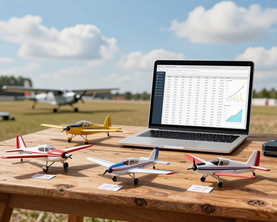 A visually engaging comparison of budget-friendly RC airplanes, displayed prominently on a rustic wooden table. In the foreground, various models of RC planes are arranged, showcasing their distinct designs and colors, each with price tags attached. The middle ground features a sleek laptop displaying a spreadsheet of prices and specifications, while small graphs indicate affordability. The background is softly blurred, featuring an outdoor flying area with a bright blue sky and fluffy white clouds, suggesting an adventurous atmosphere. Use natural lighting to create a warm, inviting feel, with a focus on clarity and detail to emphasize the quality of the planes on display. Aim for an informative yet vibrant ambiance, perfect for an article segment on economical RC options.