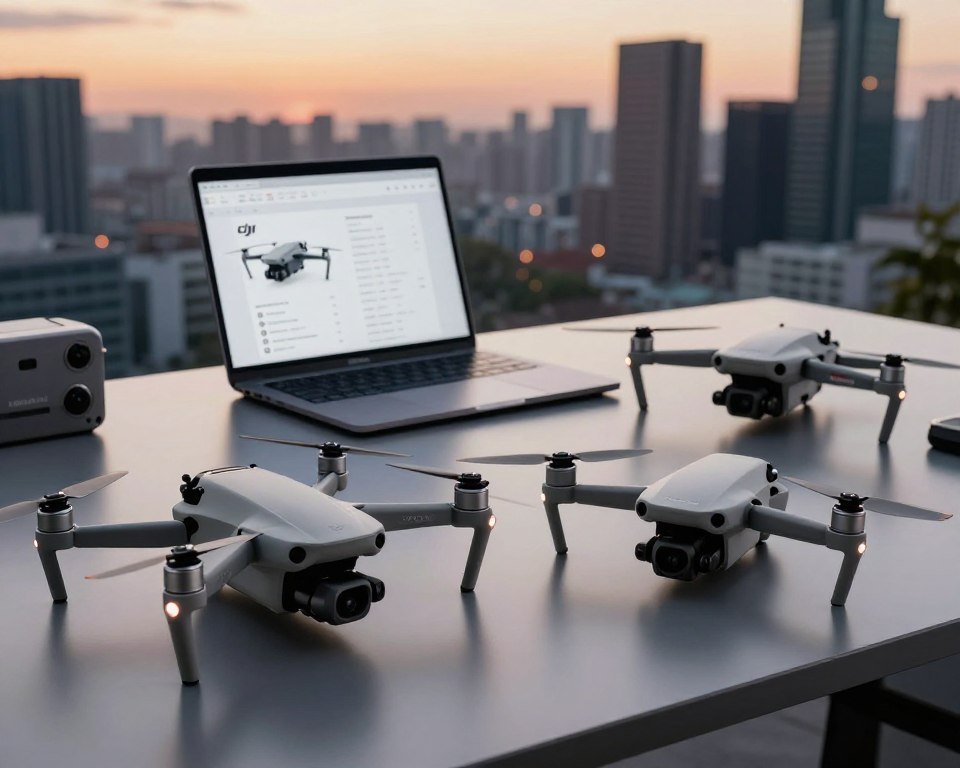 A visually engaging comparison of different DJI drone models arranged on a sleek, modern workspace table. In the foreground, a DJI Mavic Air 2, Spark, and Phantom 4 Pro are prominently displayed, showcasing their designs and specifications with glossy finishes reflecting soft, ambient lighting. In the middle, a laptop and technical specifications sheet highlight each model's features, with a clear, unobstructed view of the drones. The background features a blurred urban skyline at sunset, adding a sense of adventure and exploration. The atmosphere is professional and informative, ideal for an article comparing these high-tech drones. Capture the scene with a slightly elevated angle, using soft focus to create depth and emphasize the drones in the foreground. A visually engaging comparison of different DJI drone models arranged on a sleek, modern workspace table. In the foreground, a DJI Mavic Air 2, Spark, and Phantom 4 Pro are prominently displayed, showcasing their designs and specifications with glossy finishes reflecting soft, ambient lighting. In the middle, a laptop and technical specifications sheet highlight each model's features, with a clear, unobstructed view of the drones. The background features a blurred urban skyline at sunset, adding a sense of adventure and exploration. The atmosphere is professional and informative, ideal for an article comparing these high-tech drones. Capture the scene with a slightly elevated angle, using soft focus to create depth and emphasize the drones in the foreground.