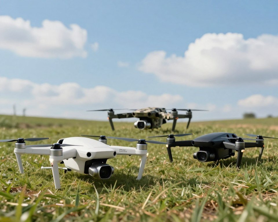 A visually engaging comparison of three drone models set in an outdoor environment. In the foreground, showcase one drone model in sleek white design, another in rugged camouflage, and a third in minimalist black, highlighting their distinctive features like cameras and propellers. In the middle ground, depict a grassy field with subtle shadows from the drones, emphasizing their sizes and shapes. The background features a bright blue sky with fluffy clouds, creating a vibrant atmosphere. Use soft, natural lighting to illuminate the drones, capturing reflections and details. The scene should convey a sense of innovation and outdoor exploration, inviting the viewer to compare these recommended drone models effectively. A visually engaging comparison of three drone models set in an outdoor environment. In the foreground, showcase one drone model in sleek white design, another in rugged camouflage, and a third in minimalist black, highlighting their distinctive features like cameras and propellers. In the middle ground, depict a grassy field with subtle shadows from the drones, emphasizing their sizes and shapes. The background features a bright blue sky with fluffy clouds, creating a vibrant atmosphere. Use soft, natural lighting to illuminate the drones, capturing reflections and details. The scene should convey a sense of innovation and outdoor exploration, inviting the viewer to compare these recommended drone models effectively.