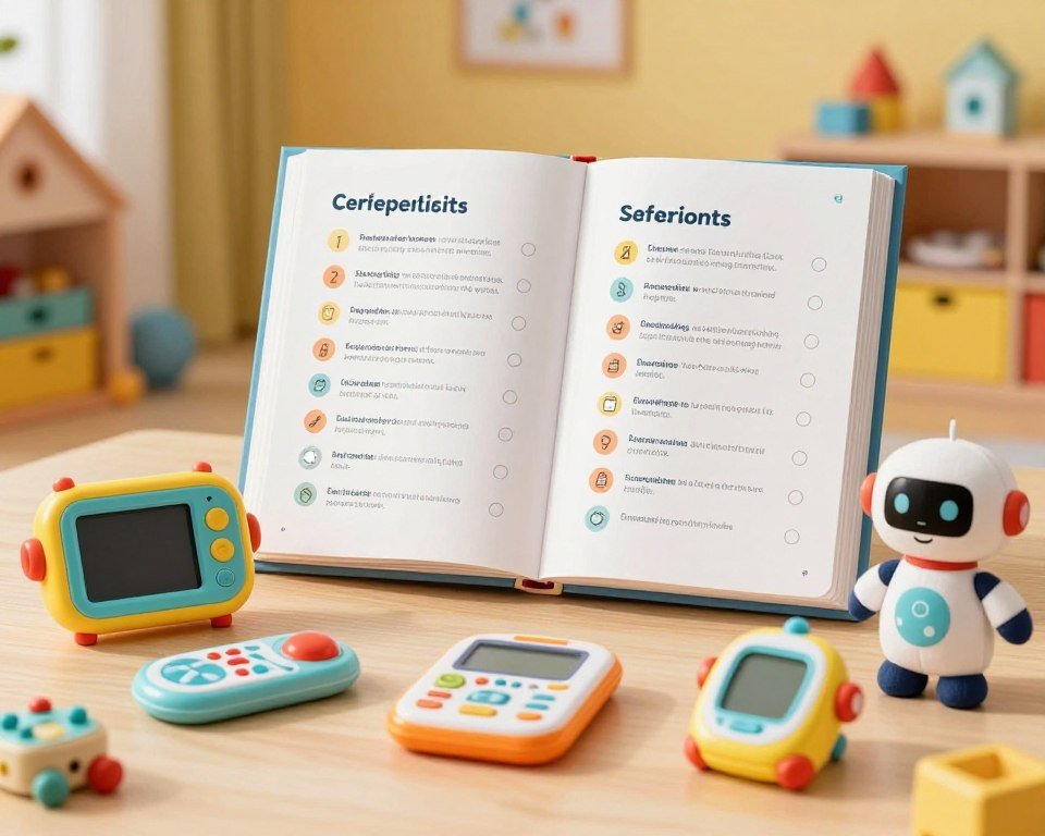A visually engaging guide to toy safety criteria, featuring a well-organized layout. In the foreground, display a colorful assortment of safe, innovative children's toys, such as educational tech gadgets and plush robots, each clearly emphasizing safety features like rounded edges and non-toxic materials. In the middle ground, illustrate an open book or a digital device showing checklists for safety criteria with icons representing age-appropriateness and material compliance, surrounded by soft lighting. In the background, create a warm, inviting playroom setting with cheerful colors and a sense of exploration, evoking a positive atmosphere. Use a slightly elevated angle to capture all elements, ensuring clarity and focus on toy safety.
