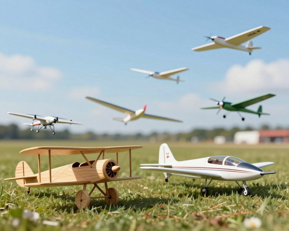 A visually rich illustration of the evolution of aeromodelling, showcasing a dynamic progression from early balsa wood models to modern remote-controlled airplanes. In the foreground, feature a detailed wooden biplane model and a sleek contemporary RC plane. In the middle ground, depict a variety of aeromodels ranging from gliders to drones, highlighting different designs and colors. The background should show an outdoor setting with a blurred grass field and a clear blue sky, suggesting a lively atmosphere for flying models. Soft sunlight casts gentle shadows, enhancing the textures of the planes. The overall mood is one of excitement and exploration, inviting viewers into the fascinating world of aeromodelling.