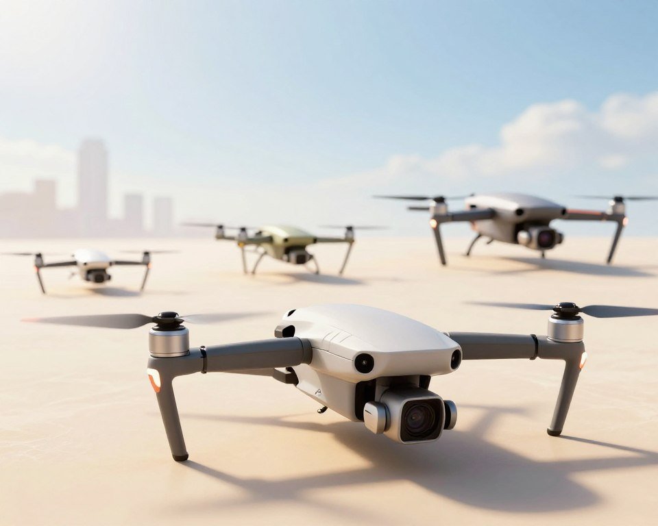 A visually striking illustration depicting the evolution of drone technology. In the foreground, showcase a modern drone with sleek design details, highlighting its innovative features like a high-definition camera and advanced sensors. In the mid-ground, several historic drones are displayed, demonstrating their evolution—from the early unmanned vehicles to contemporary consumer models—set against a soft gradient backdrop that symbolizes technological advancement. In the background, a faint cityscape is visible under a bright, clear sky, with sunlight casting dynamic shadows on the scene. The atmosphere is optimistic and futuristic, emphasizing the accessibility and control modern drones offer to beginners. Use soft lighting for a warm feel, and capture the scene from a slightly elevated angle to provide a comprehensive view of the progression. No text or branding included. A visually striking illustration depicting the evolution of drone technology. In the foreground, showcase a modern drone with sleek design details, highlighting its innovative features like a high-definition camera and advanced sensors. In the mid-ground, several historic drones are displayed, demonstrating their evolution—from the early unmanned vehicles to contemporary consumer models—set against a soft gradient backdrop that symbolizes technological advancement. In the background, a faint cityscape is visible under a bright, clear sky, with sunlight casting dynamic shadows on the scene. The atmosphere is optimistic and futuristic, emphasizing the accessibility and control modern drones offer to beginners. Use soft lighting for a warm feel, and capture the scene from a slightly elevated angle to provide a comprehensive view of the progression. No text or branding included.