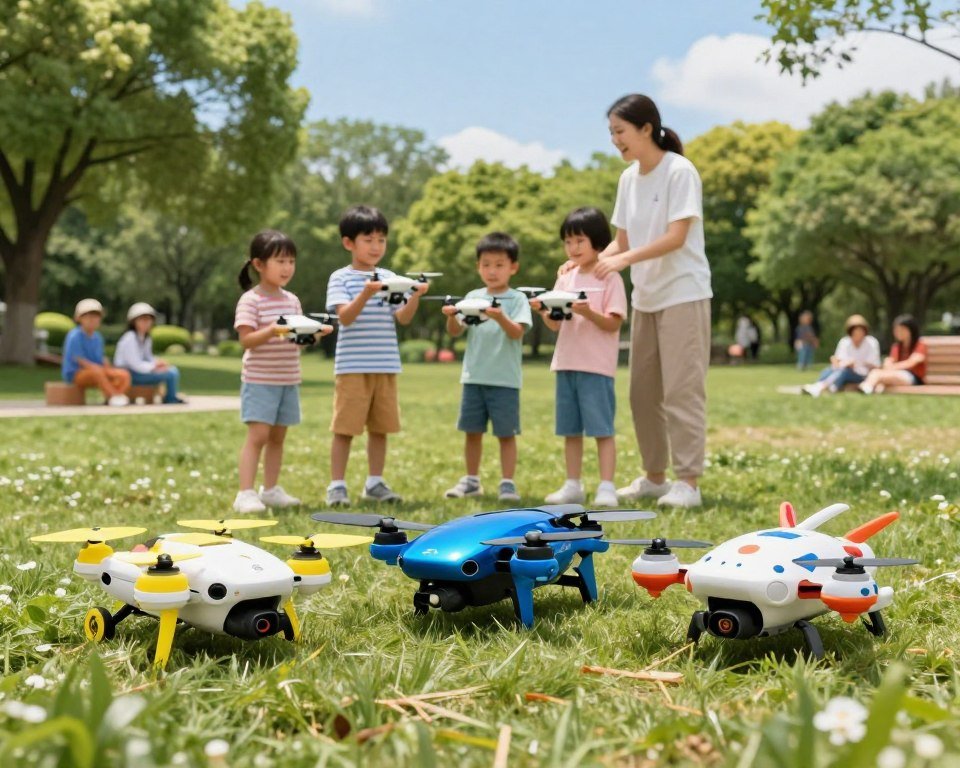 A vivid comparison of colorful drones designed for children in a park setting, illustrating three different models side-by-side. In the foreground, show the drones: one compact and toy-like with bright yellow accents, another sleek and modern with a shiny blue finish, and a third featuring fun, cartoonish designs. In the middle ground, capture children aged 6-10 operating the drones under the watchful eye of an adult, all dressed in casual clothing, smiling and engaged. In the background, depict a sunny, cheerful park scene with trees, a blue sky, and families enjoying the day. Utilize bright, natural lighting to create an inviting and lively atmosphere. The angle should be slightly above eye level, providing a clear view of the drones and the children's interaction with them.