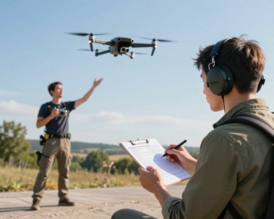 A vivid illustration showcasing safety tips for flying an acrobatic drone, set in an outdoor environment with a clear blue sky. In the foreground, a beginner pilot wearing a headset, dressed in casual but professional attire, is inspecting their drone while holding a safety checklist. In the middle ground, an advanced user is demonstrating a complex maneuver, showing precision and control. The background features a scenic landscape with trees and a distant hill, creating a serene atmosphere. Bright, natural lighting emphasizes the excitement of drone flying, while a wide-angle lens captures both the pilot and the drone in action. The overall mood is inspiring and educational, highlighting both the thrill and responsibility of acrobatic drone flying.