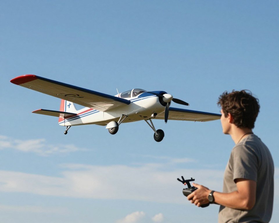 A vivid scene depicting a radio-controlled airplane soaring through a clear blue sky. In the foreground, the sleek design of the remote-controlled aircraft is highlighted with intricate details such as its propellers, tail fins, and vibrant body colors. The middle ground features a person in modest casual clothing, focused intently as they manipulate a remote control, showcasing the interactive aspect of piloting such a model. In the background, wispy clouds scatter across the sky, enhancing the sense of altitude and freedom. Soft, natural lighting casts gentle shadows, creating a dynamic yet serene atmosphere that reflects the excitement and innovation of remote-controlled flying. The angle is slightly upward, emphasizing the aircraft in flight as it gracefully ascends. A vivid scene depicting a radio-controlled airplane soaring through a clear blue sky. In the foreground, the sleek design of the remote-controlled aircraft is highlighted with intricate details such as its propellers, tail fins, and vibrant body colors. The middle ground features a person in modest casual clothing, focused intently as they manipulate a remote control, showcasing the interactive aspect of piloting such a model. In the background, wispy clouds scatter across the sky, enhancing the sense of altitude and freedom. Soft, natural lighting casts gentle shadows, creating a dynamic yet serene atmosphere that reflects the excitement and innovation of remote-controlled flying. The angle is slightly upward, emphasizing the aircraft in flight as it gracefully ascends.