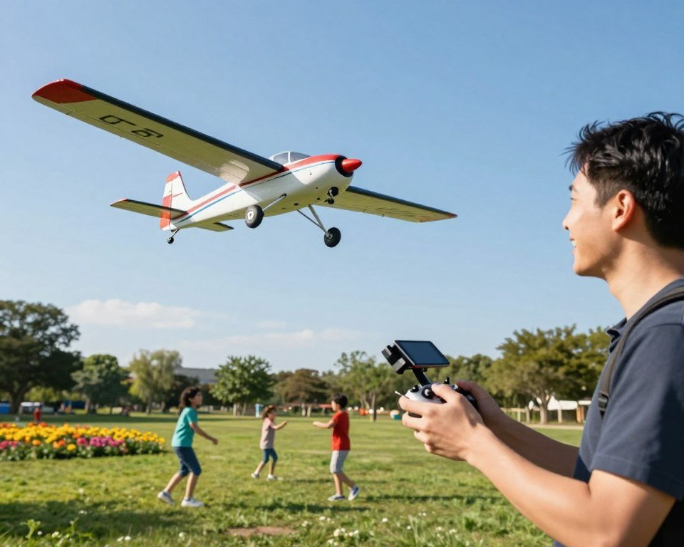 A vivid scene featuring a remote-controlled (RC) airplane gracefully soaring through a clear blue sky in a park setting. In the foreground, a smiling adult pilot with a focused expression holds a sleek, modern remote control, demonstrating precise maneuverability skills. The middle ground captures the vibrant RC airplane in sharp detail, showcasing its streamlined design and colorful paint job as it effortlessly banks to the left. In the background, cheerful children play on a sunny day with green grass and colorful flowers, enhancing the joyful atmosphere. Natural sunlight casts soft shadows, lending a warm glow to the scene. The composition is framed with a wide-angle lens to capture the freedom of flight and the excitement of outdoor fun. The mood is light-hearted and exhilarating, emphasizing the control and ease of flying the RC airplane.
