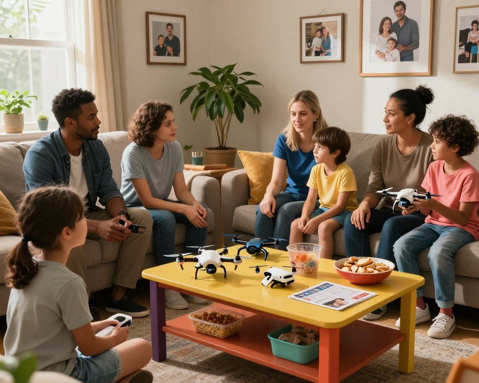 A warm and inviting family living room scene showcasing various families discussing their experiences with children's combat drones as toys. In the foreground, a diverse group of parents and children, dressed in modest casual attire, sit on a cozy sofa, animatedly sharing their opinions. The middle ground features a colorful coffee table adorned with a few small toy drones, flight manuals, and snacks. The background presents a well-lit room with framed family photos on the walls and plants in the corners, creating a homely atmosphere. Soft natural light filters through a window, casting gentle shadows. The overall mood is cheerful and engaging, reflecting a sense of community and collaboration among families. A warm and inviting family living room scene showcasing various families discussing their experiences with children's combat drones as toys. In the foreground, a diverse group of parents and children, dressed in modest casual attire, sit on a cozy sofa, animatedly sharing their opinions. The middle ground features a colorful coffee table adorned with a few small toy drones, flight manuals, and snacks. The background presents a well-lit room with framed family photos on the walls and plants in the corners, creating a homely atmosphere. Soft natural light filters through a window, casting gentle shadows. The overall mood is cheerful and engaging, reflecting a sense of community and collaboration among families.