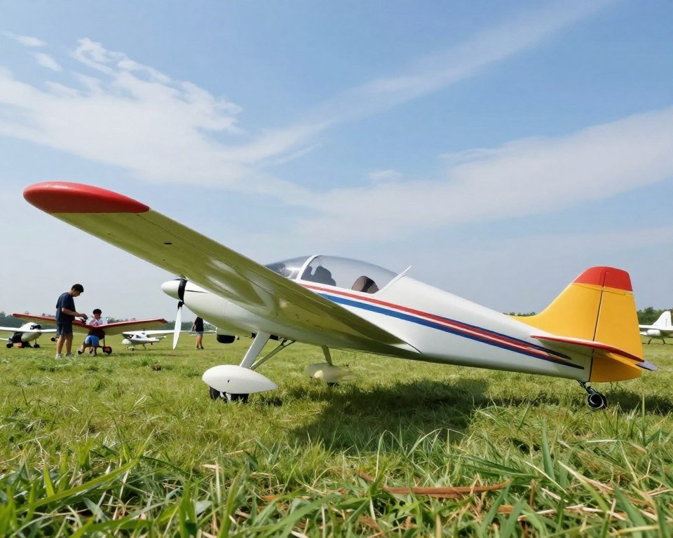 A well-crafted RC airplane made from EPO and EPP materials prominently displayed in the foreground, showcasing its smooth, lightweight structure. The airplane features a vibrant color scheme with sleek lines and beginner-friendly design elements, such as rounded edges and protective casing. In the middle ground, a lush green field stretches out, dotted with small model aircraft and hobbyists in casual attire, carefully operating their RC planes. The background reveals a clear blue sky, emphasizing a sunny day perfect for flying, with wispy clouds enhancing the tranquil atmosphere. Soft natural lighting casts gentle shadows, highlighting the textures of the materials and the excitement of the hobby. The image captures the essence of beginner RC aviation, focusing on the materials and benefits that make these planes ideal for newcomers.