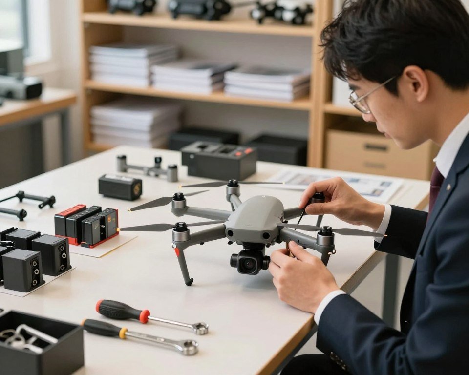 A well-lit workshop setting focused on drone maintenance. In the foreground, an individual wearing professional business attire is carefully inspecting a sleek drone, equipped with propellers and a high-resolution camera. Tools and maintenance equipment, such as screwdrivers and a wrench, are neatly arranged on a table nearby. In the middle ground, various drone parts and batteries are displayed, illustrating the care and attention given to each component. The background features shelves filled with manuals and drone accessories, softly blurred to draw focus to the maintenance process. The atmosphere is focused and disciplined, with warm, natural lighting enhancing the technical environment. A wide-angle lens captures the entire scene, emphasizing the importance of maintaining and caring for drones effectively.