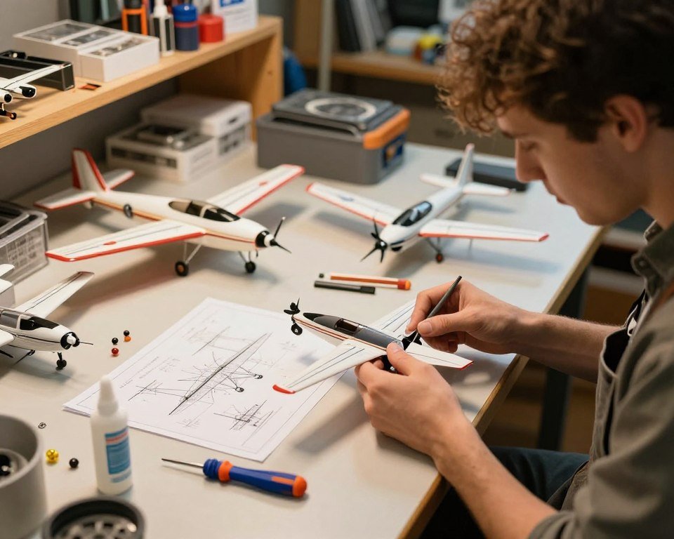 A well-lit workshop setting showcasing a variety of remote-controlled (RC) airplanes in the process of assembly. In the foreground, a focused person wearing casual yet professional attire is carefully assembling an airplane, with tools like a mini screwdriver and glue spread around. The middle ground features several partially assembled planes on a workbench, alongside spare parts and detailed schematics. The background showcases shelves filled with model airplane kits and accessories, bathed in warm, diffuse lighting to create an inviting atmosphere. The image captures a sense of concentration and craftsmanship, emphasizing the practical aspects of building and maintaining RC planes. The perspective is slightly tilted to add a dynamic feel, enhancing the viewer's engagement with the scene.