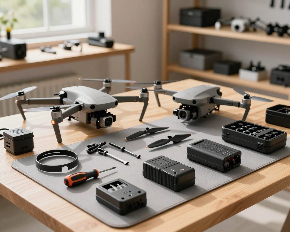A well-organized tabletop scene showcasing essential drone maintenance accessories. In the foreground, include a selection of tools such as propeller guards, screwdrivers, battery chargers, and a drone toolkit neatly arranged on a gray work mat. In the middle ground, feature an aerial drone partially disassembled, with its components laid out systematically for maintenance, emphasizing practicality. The background should have a bright, well-lit workshop with shelves filled with drone parts and accessories, enhancing the atmosphere of a structured and tech-savvy environment. Natural daylight filters through a window, casting gentle shadows and creating a warm, inviting mood. The composition should focus on clarity and details, conveying the importance of drone upkeep for educational and fun applications.
